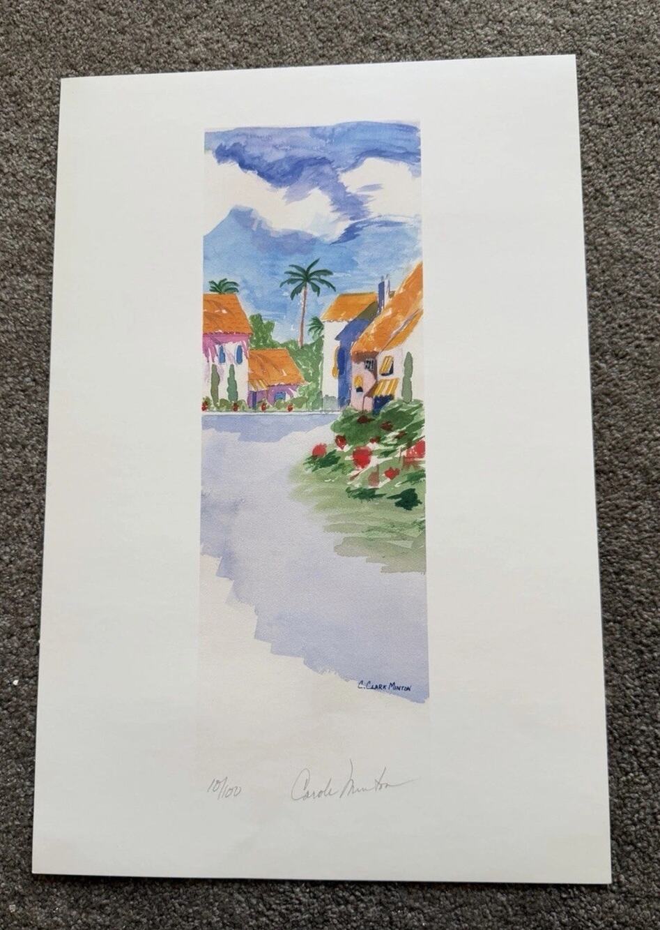 Signed Numbered Art Print Colorful Village Street Palm Trees Landscape 10/100